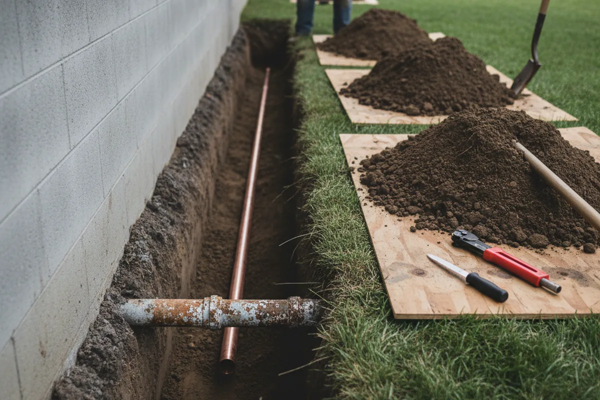Excavated water line trench during Water Softener Installation in McPherson